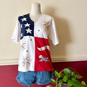 Vintage 90s Patriotic USA Beaded Fouth of July Top S/M Stars & Stripes Americana